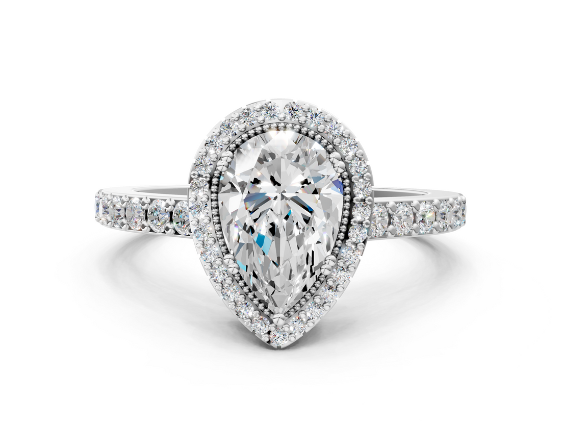 White gold Pear Cut Halo Diamond Ring with Pave Band and Four-Prong Setting_49