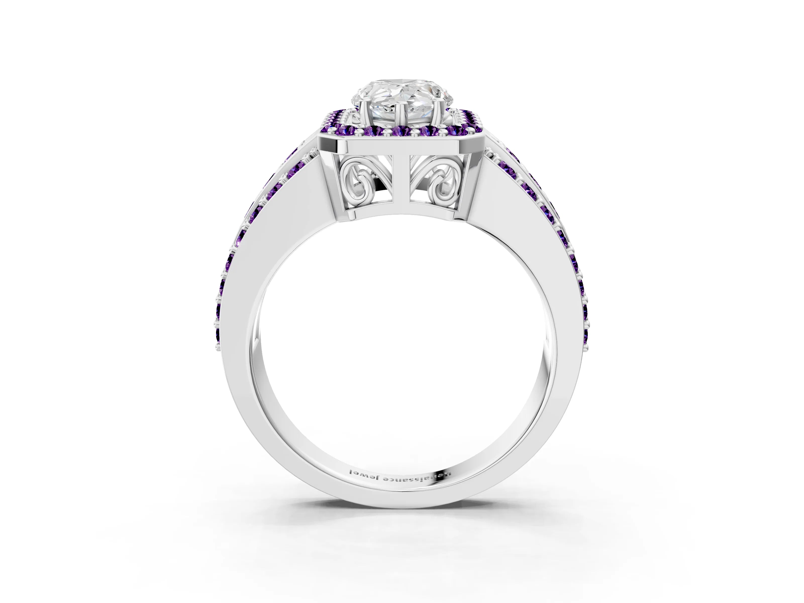 White gold Pear Cut Halo Diamond Ring with Round with Amethyst side stone Split Shank and Prong Setting_27