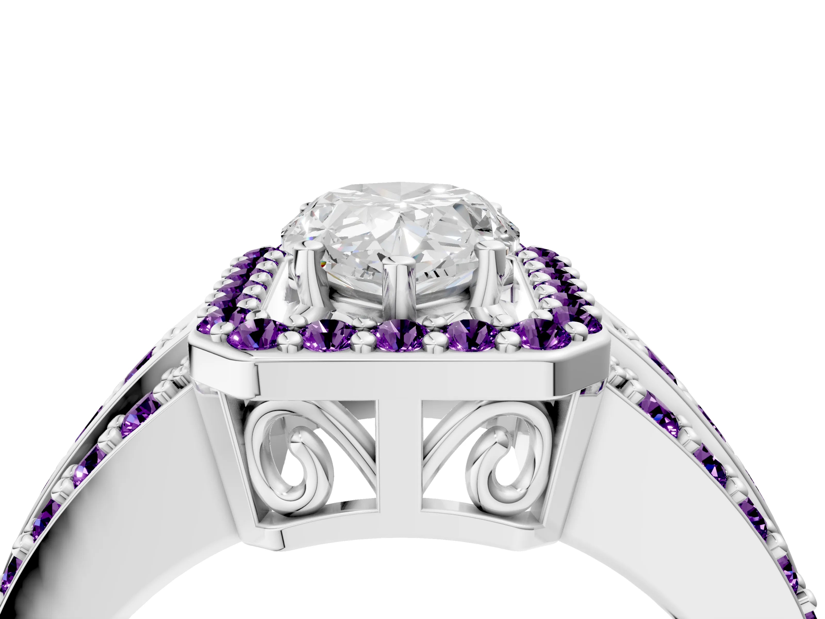 White gold Pear Cut Halo Diamond Ring with Round with Amethyst side stone Split Shank and Prong Setting_28