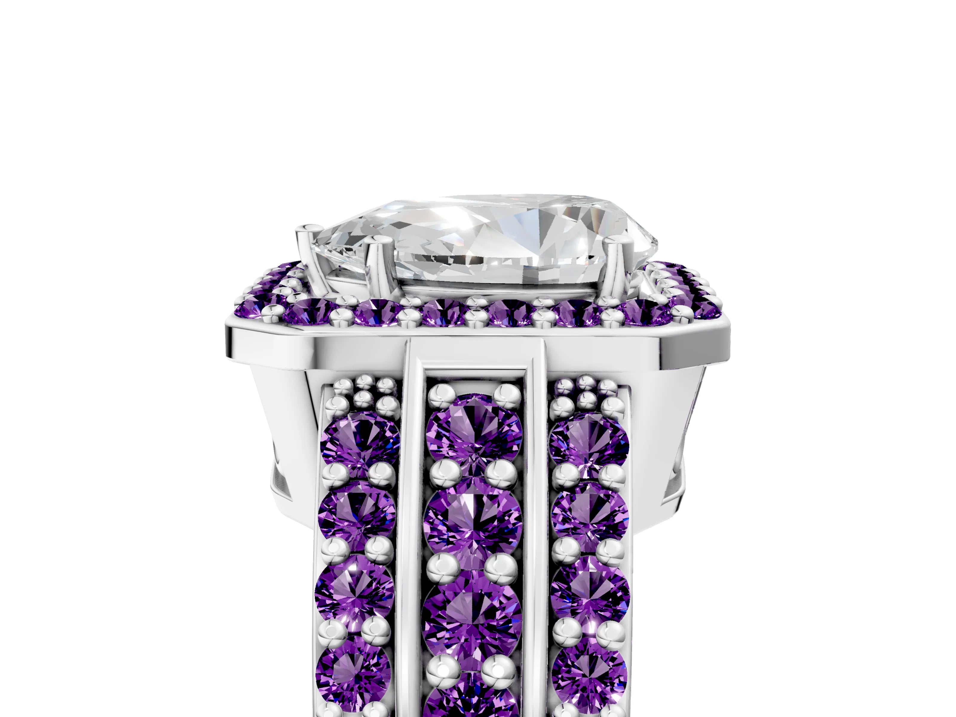 White gold Pear Cut Halo Diamond Ring with Round with Amethyst side stone Split Shank and Prong Setting_29