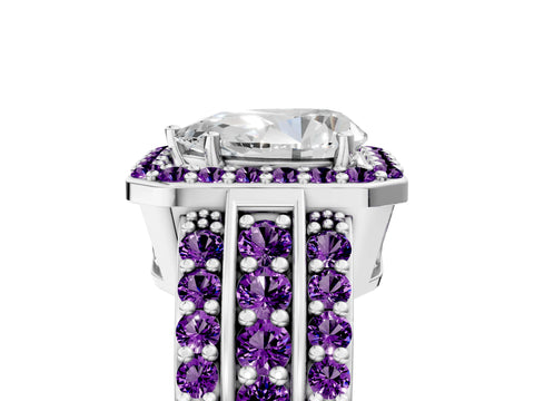 White gold Pear Cut Halo Diamond Ring with Round with Amethyst side stone Split Shank and Prong Setting_29