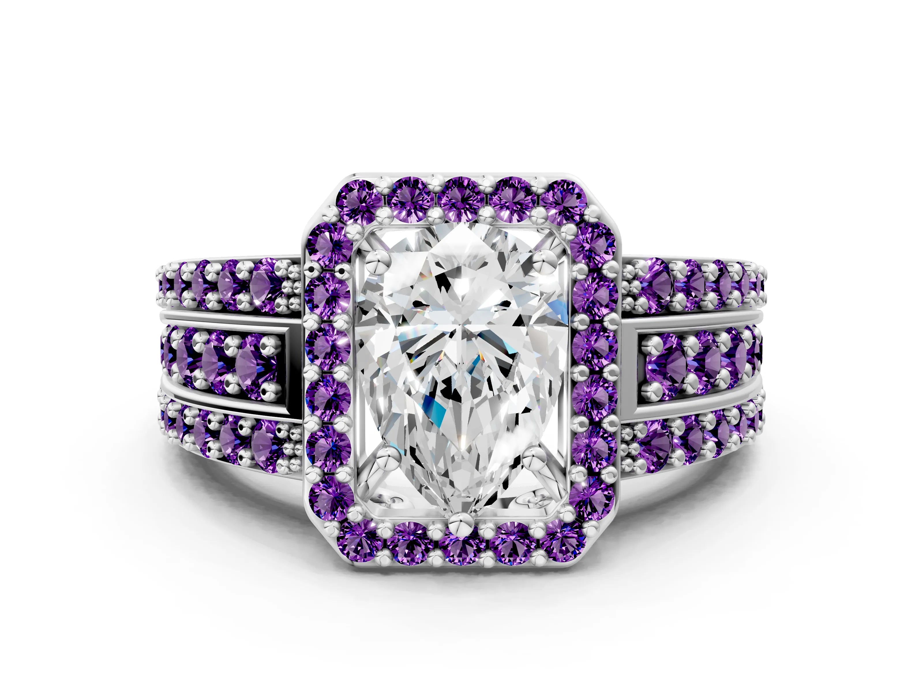 White gold Pear Cut Halo Diamond Ring with Round with Amethyst side stone Split Shank and Prong Setting_48