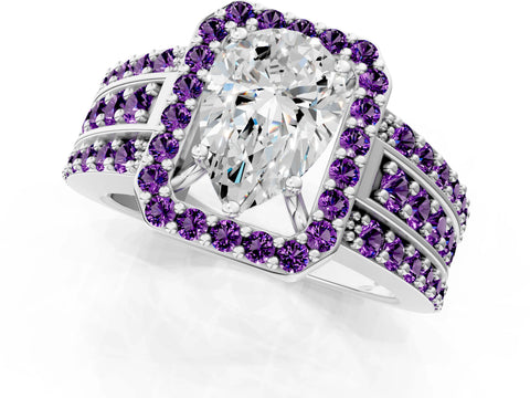 White gold Pear Cut Halo Diamond Ring with Round with Amethyst side stone Split Shank and Prong Setting_49