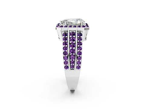 White gold Pear Cut Halo Diamond Ring with Round with Amethyst side stone Split Shank and Prong Setting_50