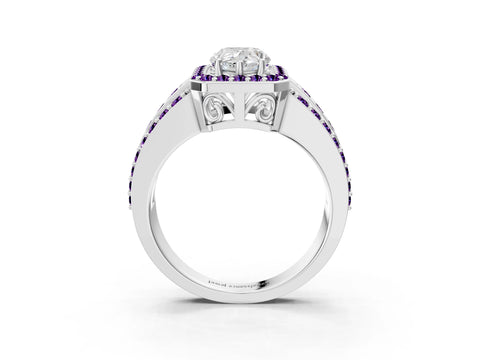 White gold Pear Cut Halo Diamond Ring with Round with Amethyst side stone Split Shank and Prong Setting_51