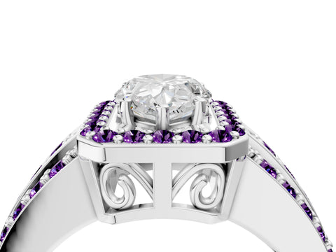 White gold Pear Cut Halo Diamond Ring with Round with Amethyst side stone Split Shank and Prong Setting_52