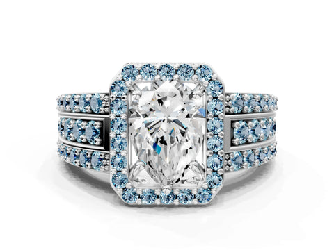 White gold Pear Cut Halo Diamond Ring with Round with Aquamarine side stone Split Shank and Prong Setting_12