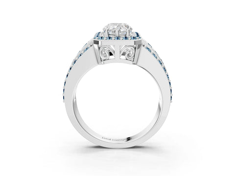White gold Pear Cut Halo Diamond Ring with Round with Aquamarine side stone Split Shank and Prong Setting_15