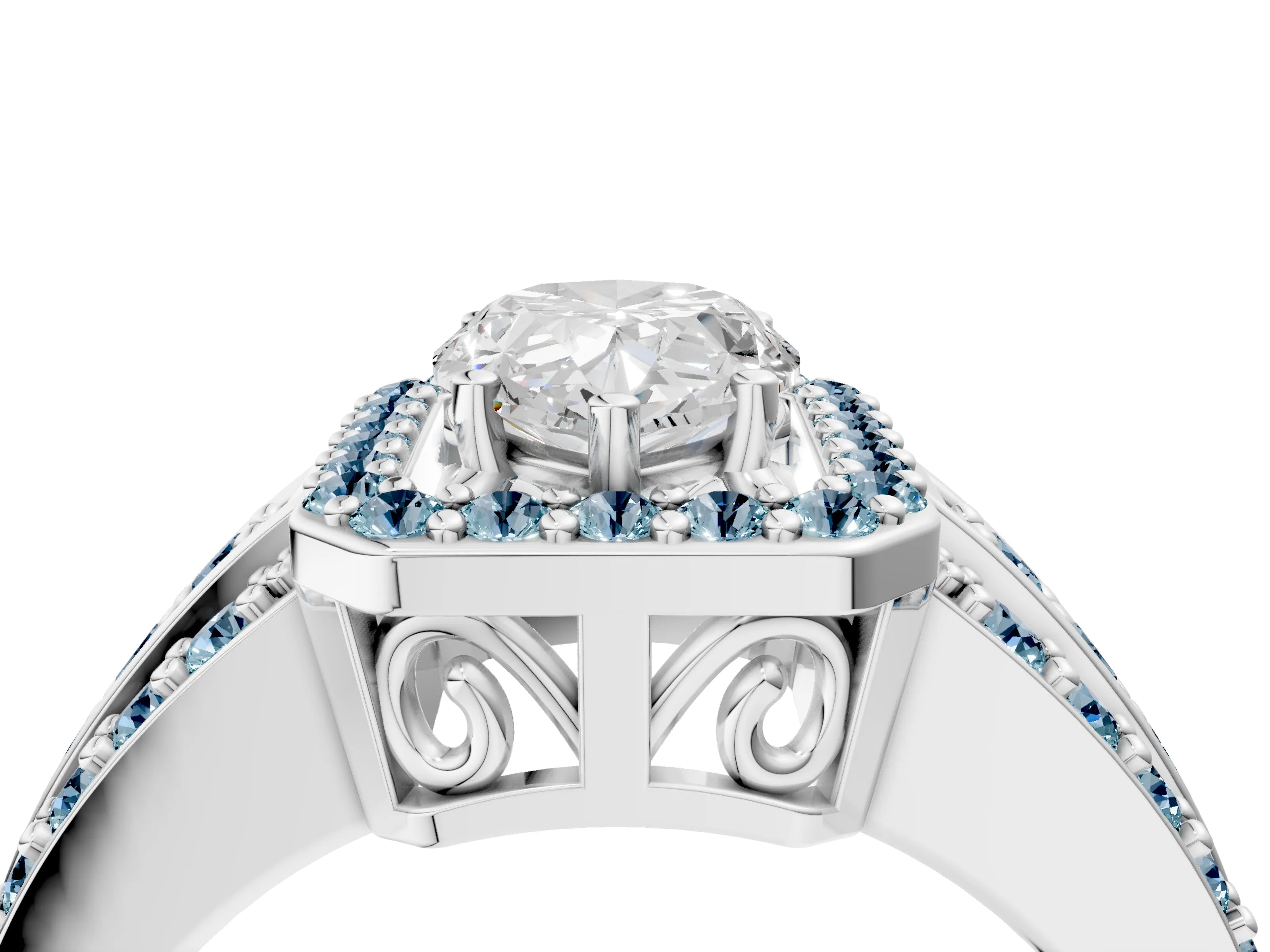 White gold Pear Cut Halo Diamond Ring with Round with Aquamarine side stone Split Shank and Prong Setting_16