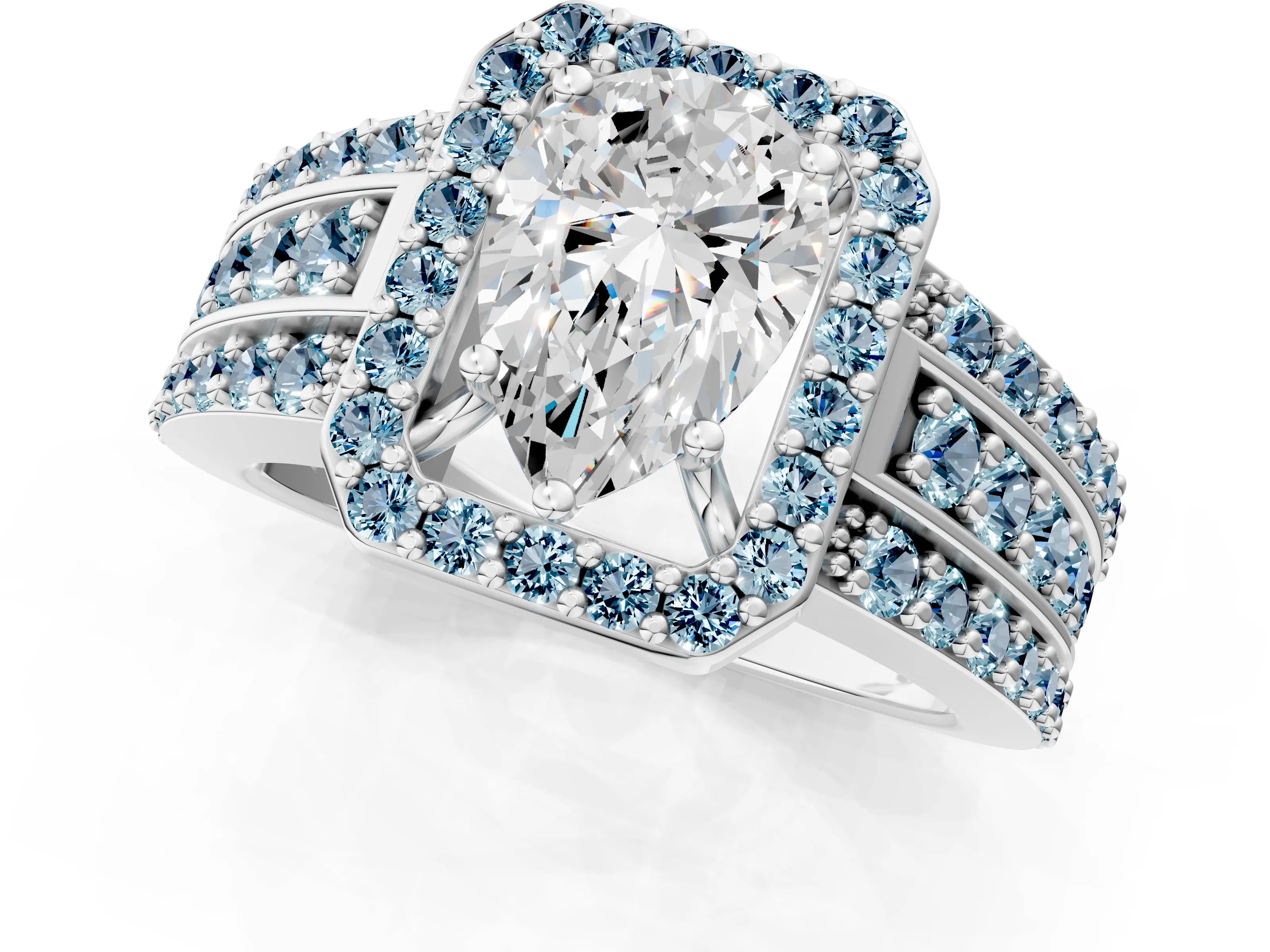 White gold Pear Cut Halo Diamond Ring with Round with Aquamarine side stone Split Shank and Prong Setting_37