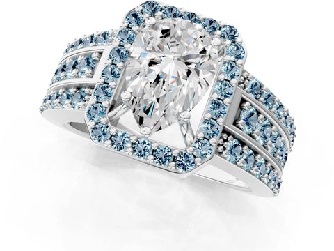 White gold Pear Cut Halo Diamond Ring with Round with Aquamarine side stone Split Shank and Prong Setting_37