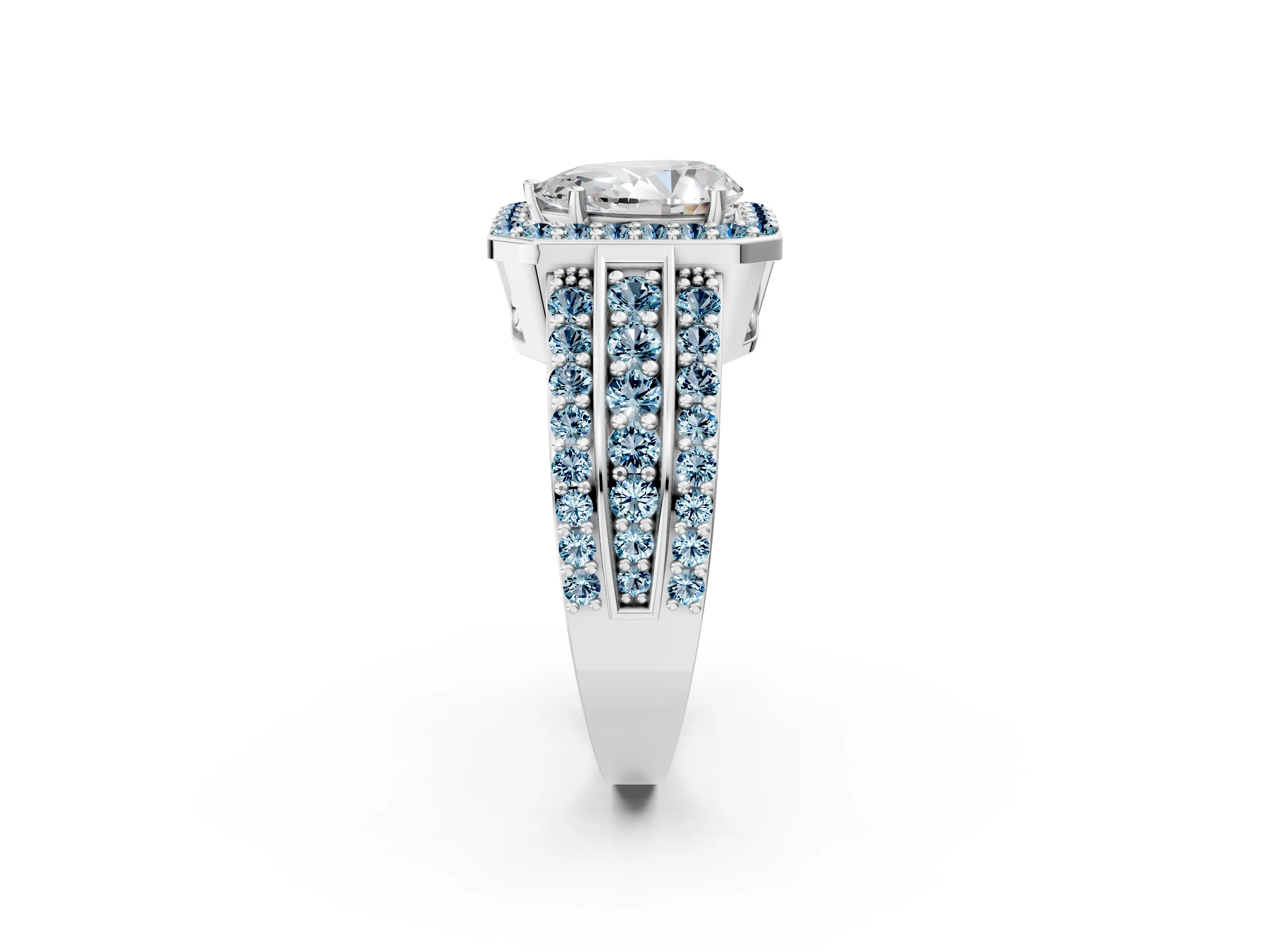 White gold Pear Cut Halo Diamond Ring with Round with Aquamarine side stone Split Shank and Prong Setting_38