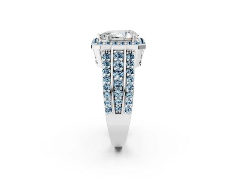 White gold Pear Cut Halo Diamond Ring with Round with Aquamarine side stone Split Shank and Prong Setting_38