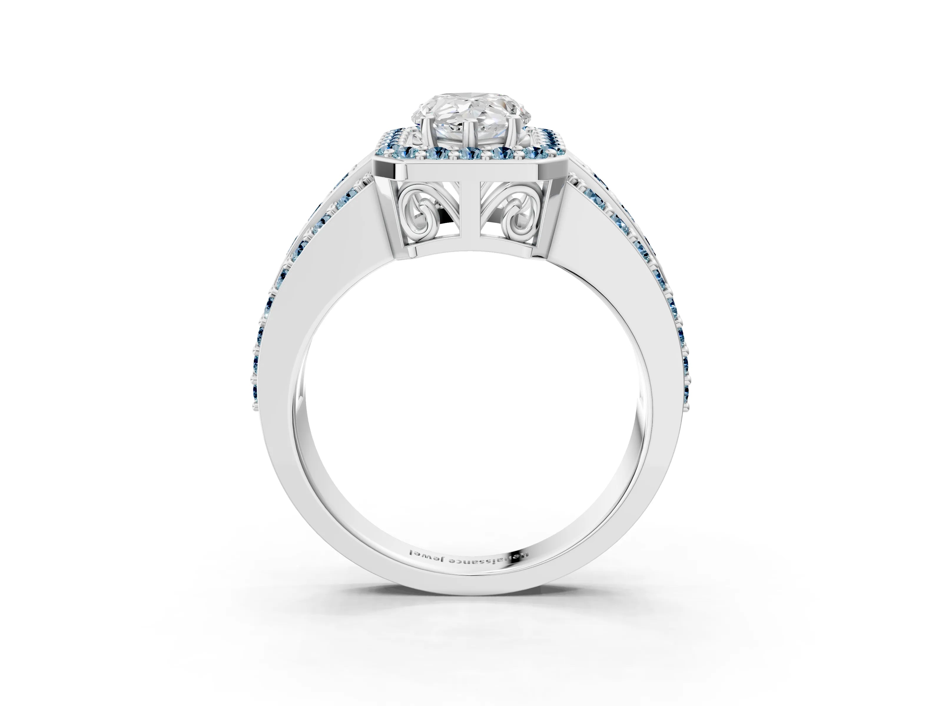 White gold Pear Cut Halo Diamond Ring with Round with Aquamarine side stone Split Shank and Prong Setting_39