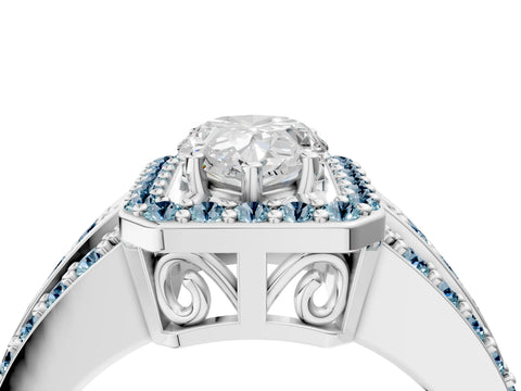 White gold Pear Cut Halo Diamond Ring with Round with Aquamarine side stone Split Shank and Prong Setting_40