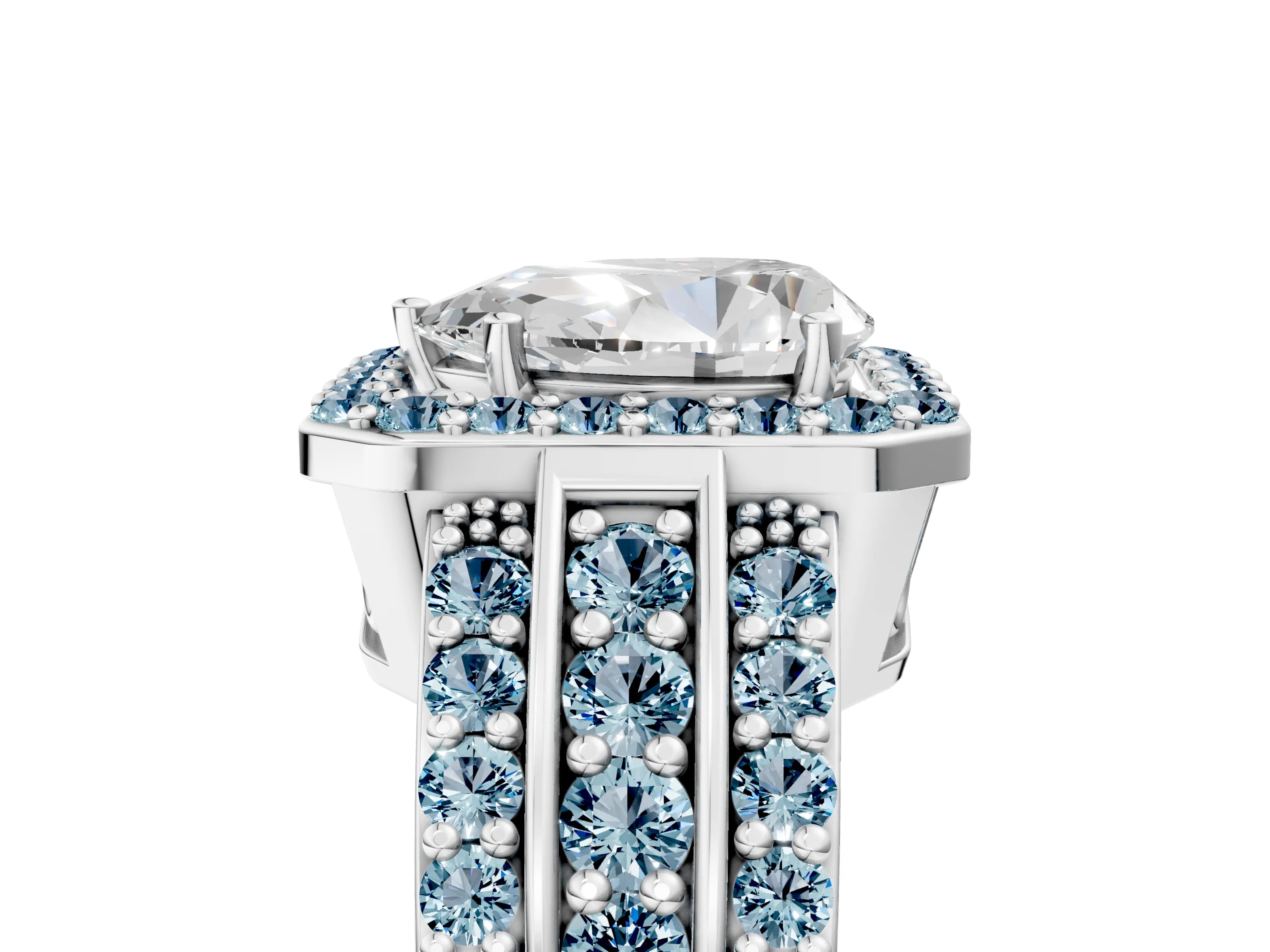 White gold Pear Cut Halo Diamond Ring with Round with Aquamarine side stone Split Shank and Prong Setting_41