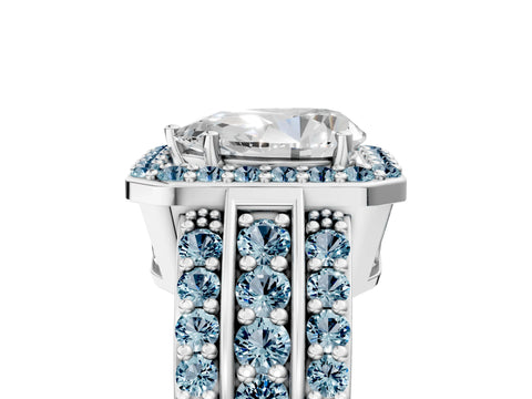 White gold Pear Cut Halo Diamond Ring with Round with Aquamarine side stone Split Shank and Prong Setting_41