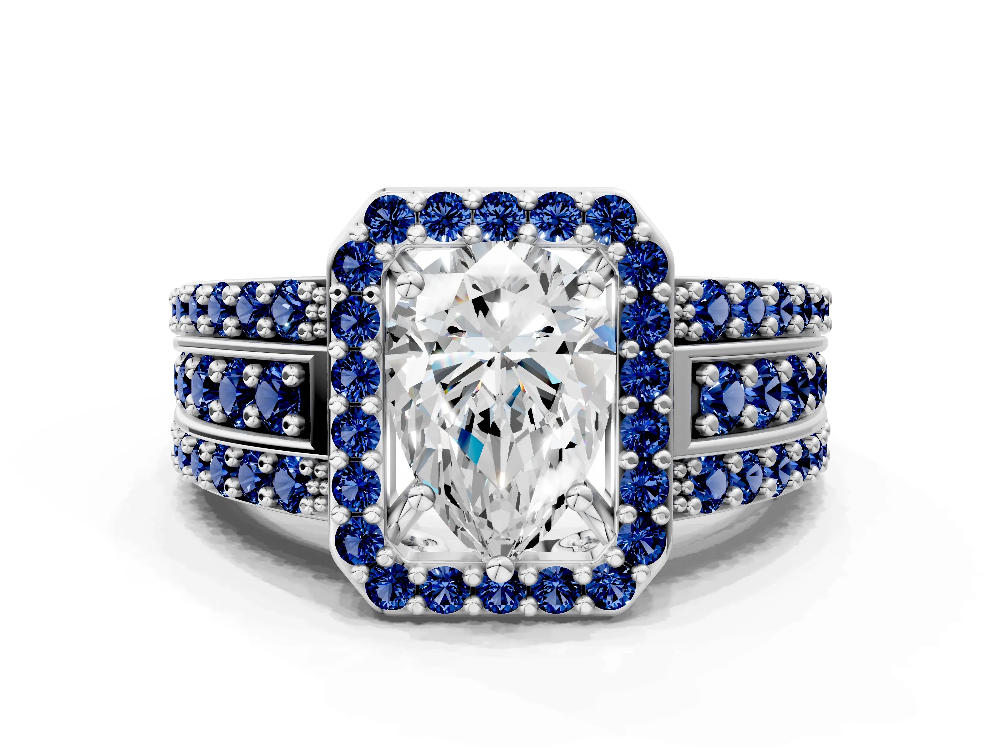 White gold Pear Cut Halo Diamond Ring with Round with Blue Sapphire side stone Split Shank and Prong Setting_24
