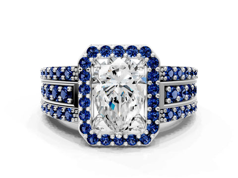 White gold Pear Cut Halo Diamond Ring with Round with Blue Sapphire side stone Split Shank and Prong Setting_24