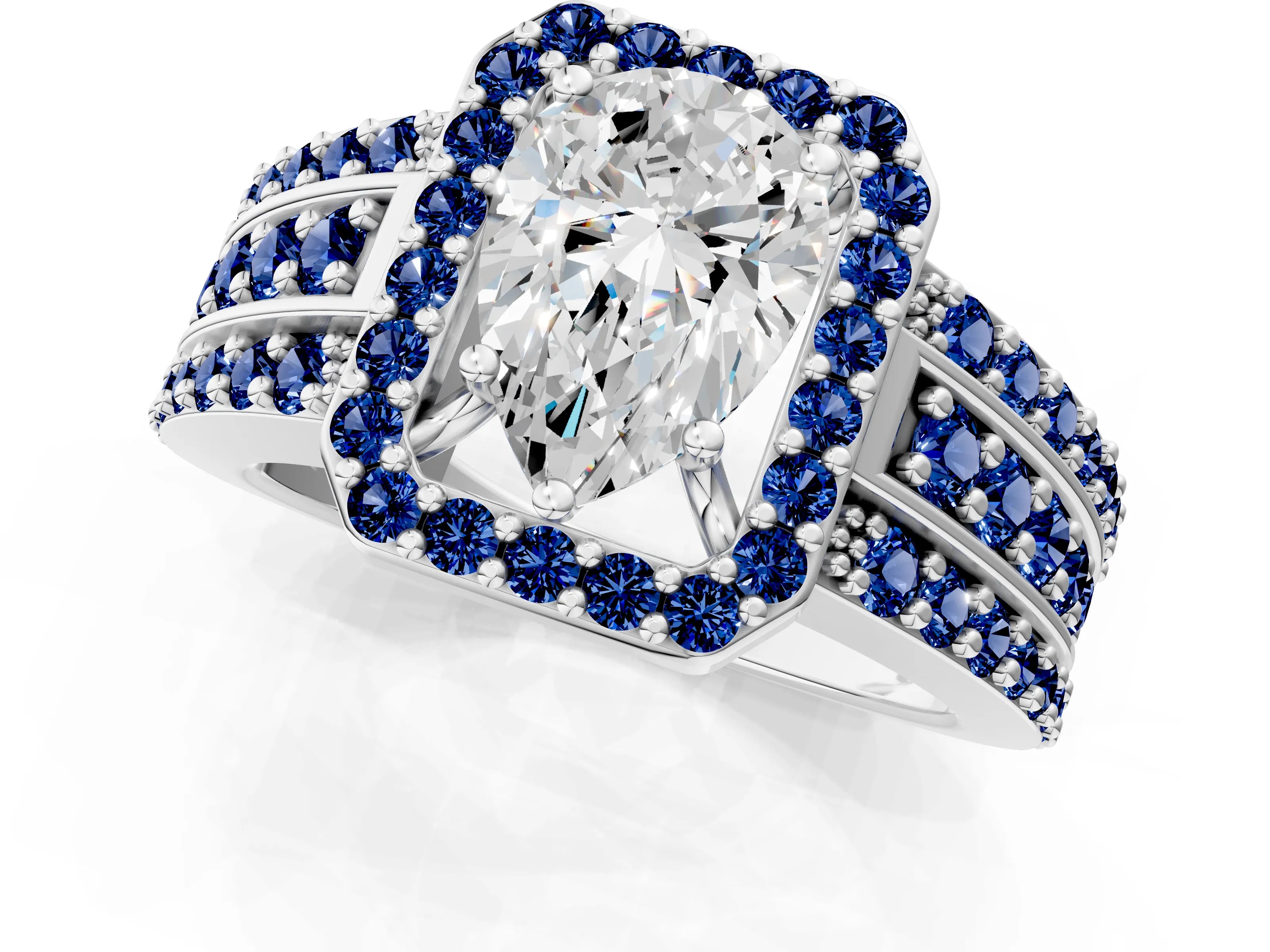 White gold Pear Cut Halo Diamond Ring with Round with Blue Sapphire side stone Split Shank and Prong Setting_25