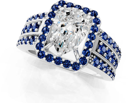 White gold Pear Cut Halo Diamond Ring with Round with Blue Sapphire side stone Split Shank and Prong Setting_25