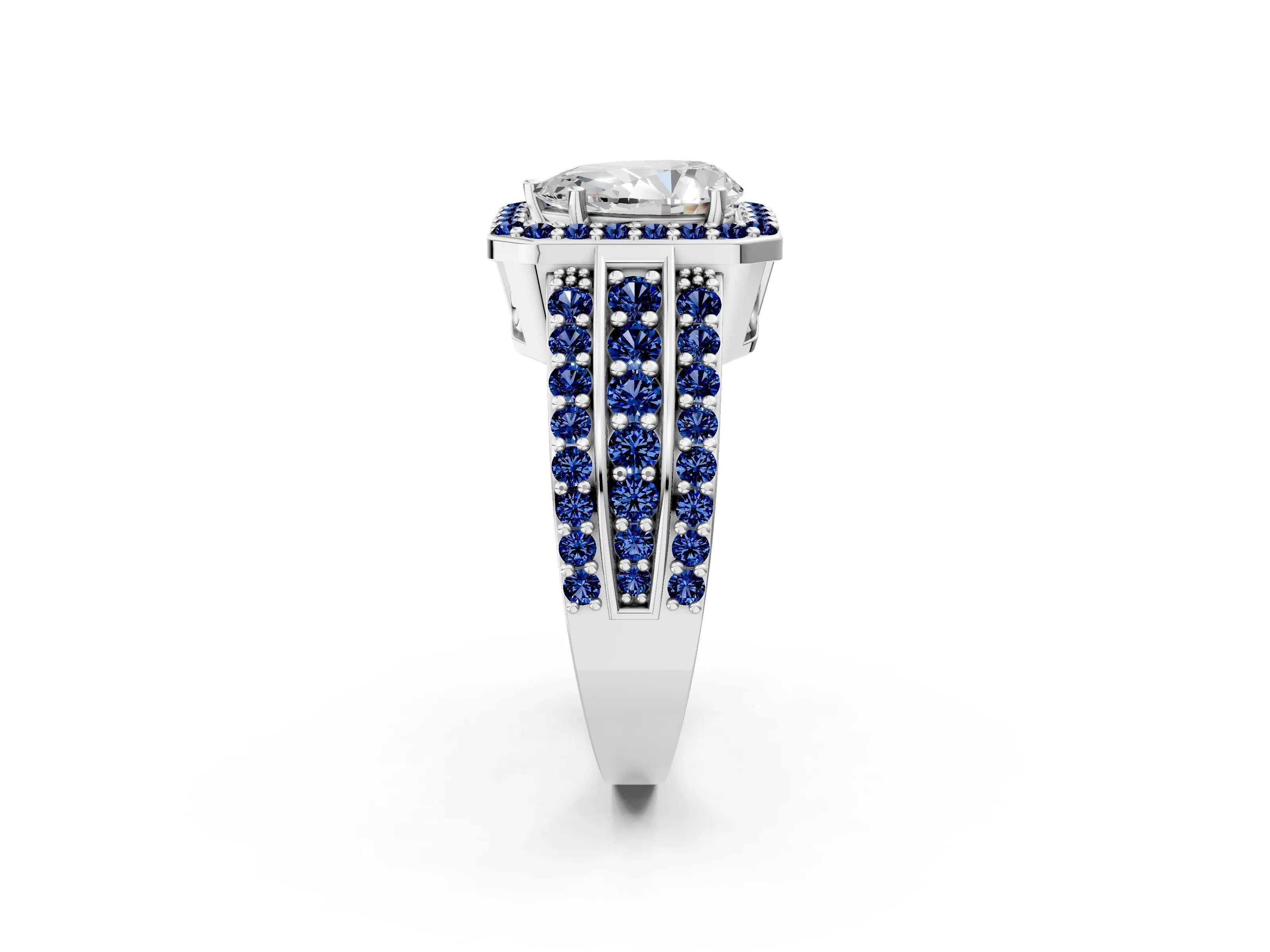 White gold Pear Cut Halo Diamond Ring with Round with Blue Sapphire side stone Split Shank and Prong Setting_26