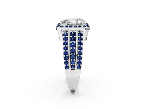 White gold Pear Cut Halo Diamond Ring with Round with Blue Sapphire side stone Split Shank and Prong Setting_26