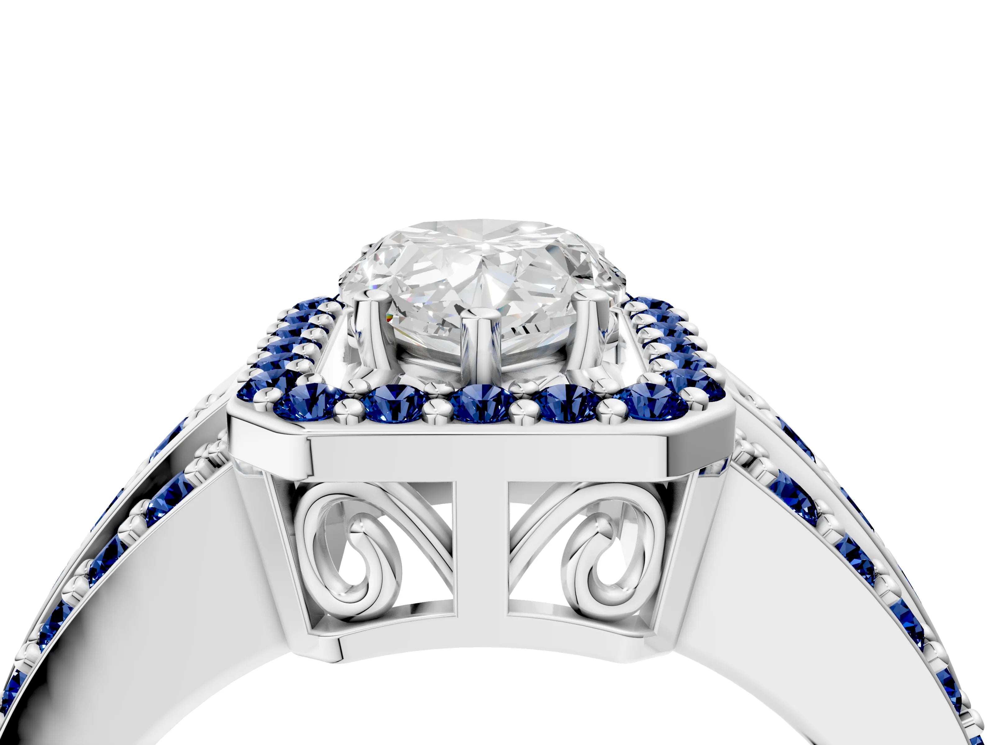 White gold Pear Cut Halo Diamond Ring with Round with Blue Sapphire side stone Split Shank and Prong Setting_28