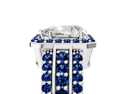 White gold Pear Cut Halo Diamond Ring with Round with Blue Sapphire side stone Split Shank and Prong Setting_29