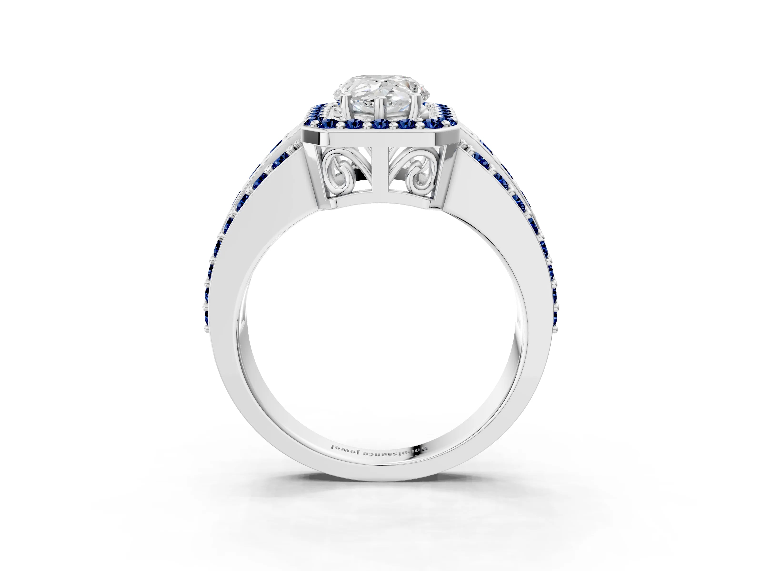 White gold Pear Cut Halo Diamond Ring with Round with Blue Sapphire side stone Split Shank and Prong Setting_51