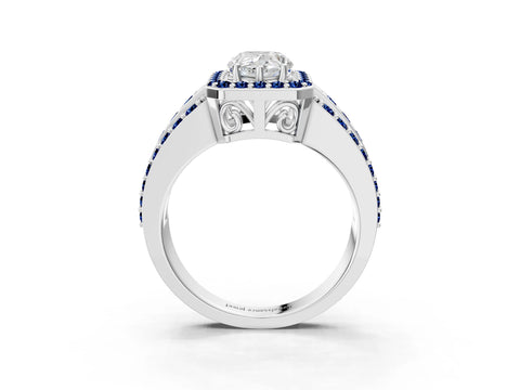 White gold Pear Cut Halo Diamond Ring with Round with Blue Sapphire side stone Split Shank and Prong Setting_51
