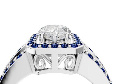 White gold Pear Cut Halo Diamond Ring with Round with Blue Sapphire side stone Split Shank and Prong Setting_52