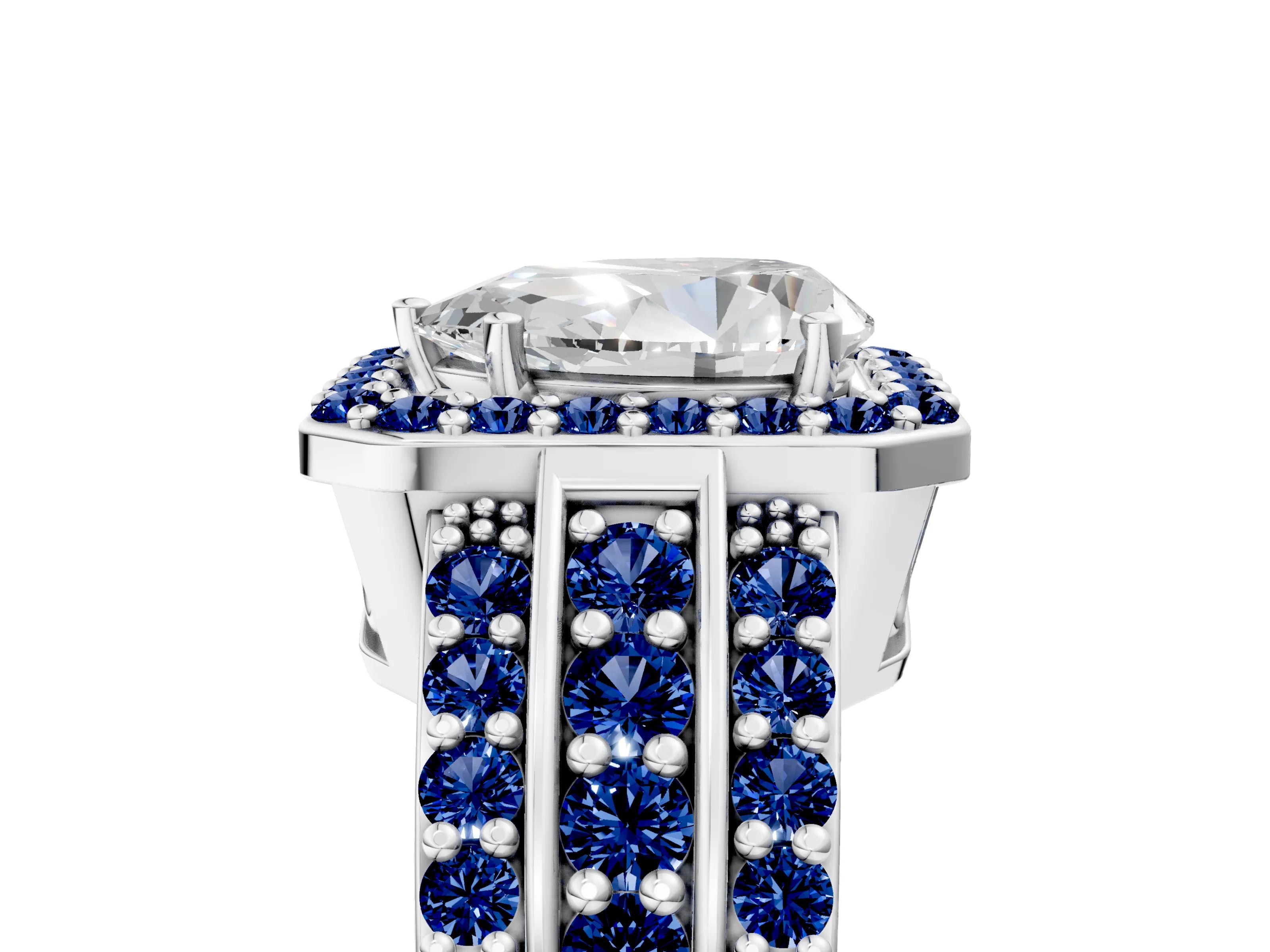 White gold Pear Cut Halo Diamond Ring with Round with Blue Sapphire side stone Split Shank and Prong Setting_53