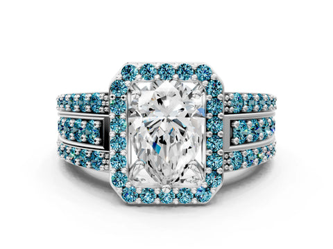 White gold Pear Cut Halo Diamond Ring with Round with Blue Topaz side stone Split Shank and Prong Setting_24