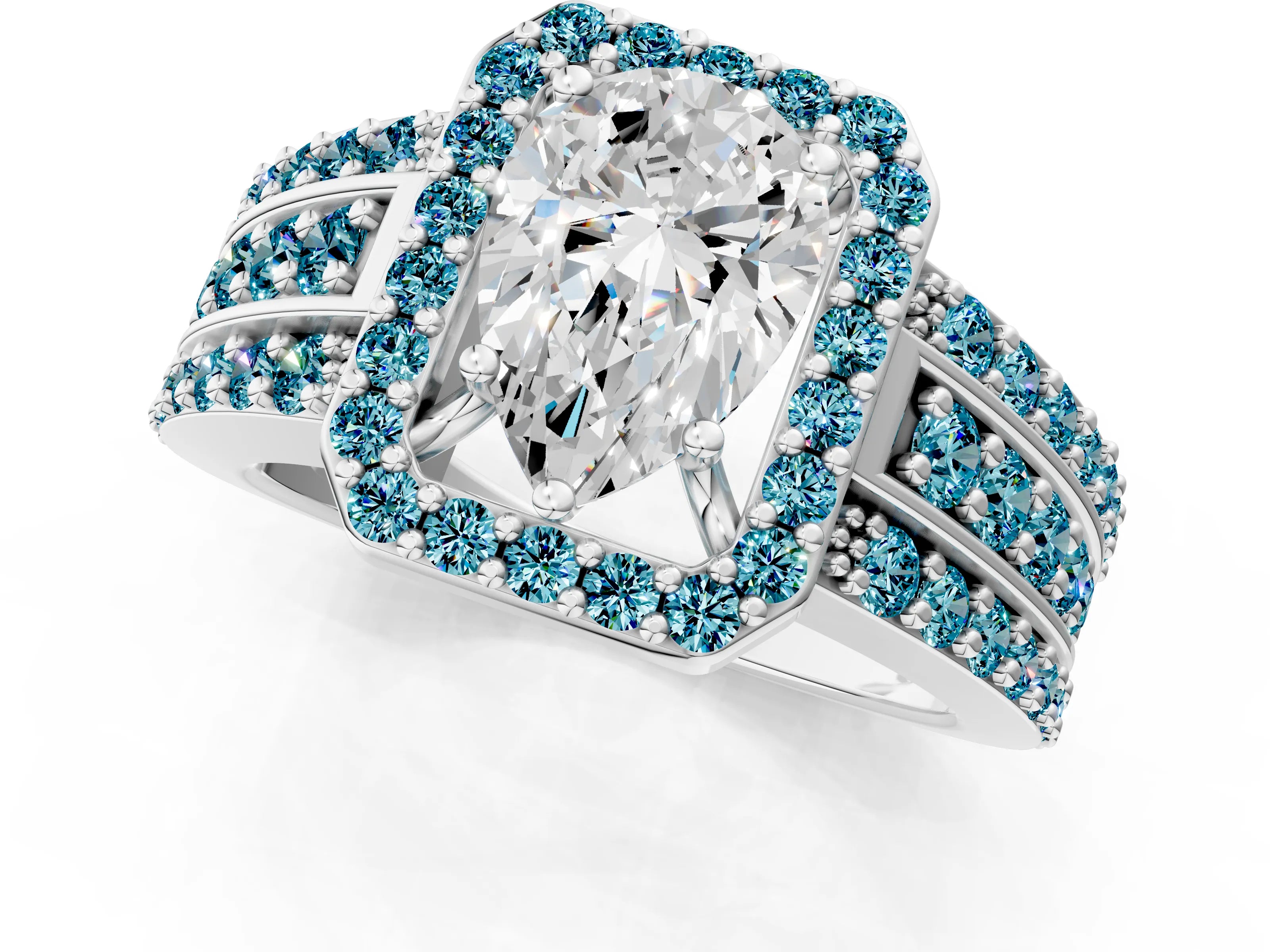 White gold Pear Cut Halo Diamond Ring with Round with Blue Topaz side stone Split Shank and Prong Setting_25