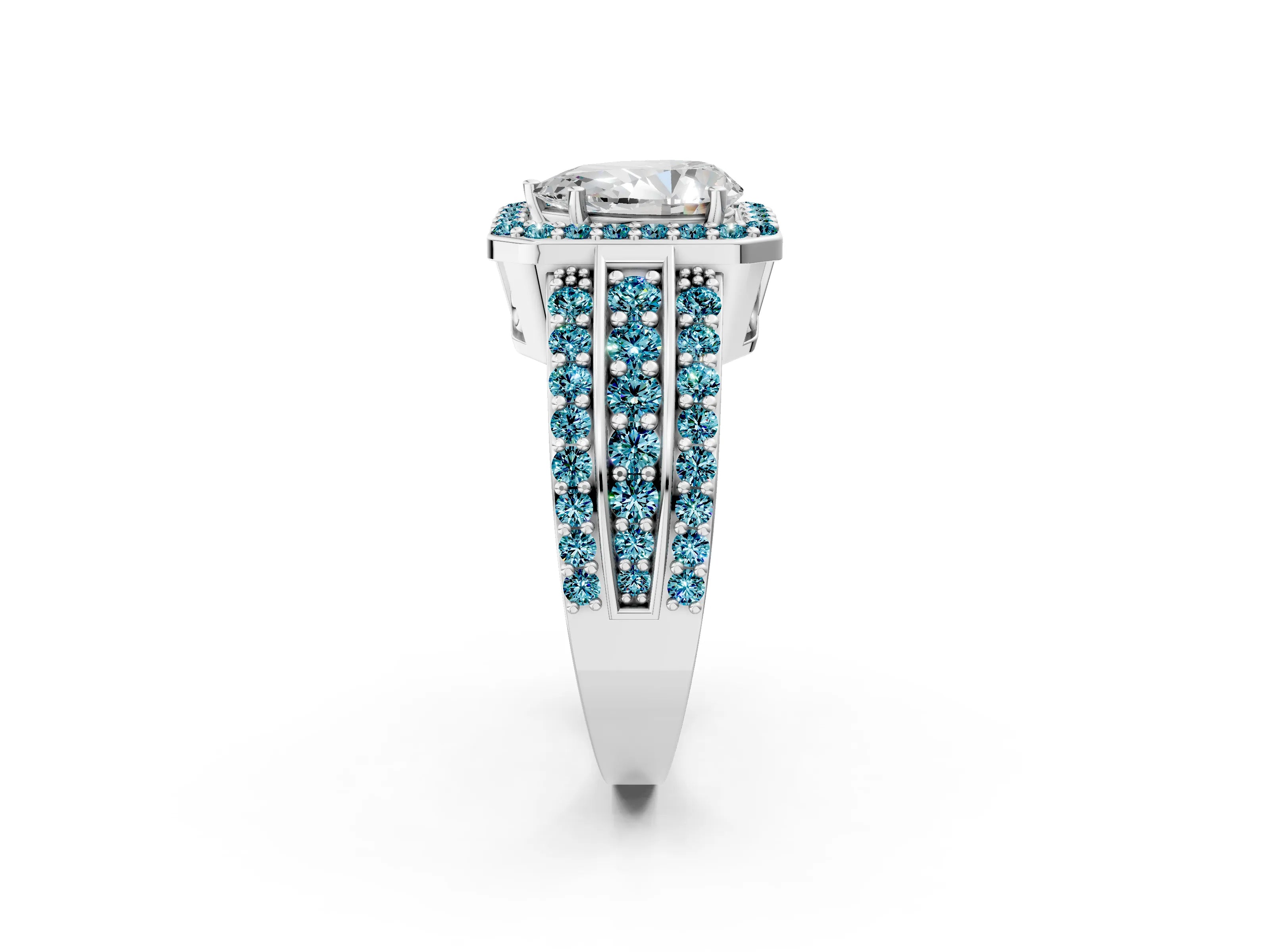 White gold Pear Cut Halo Diamond Ring with Round with Blue Topaz side stone Split Shank and Prong Setting_26