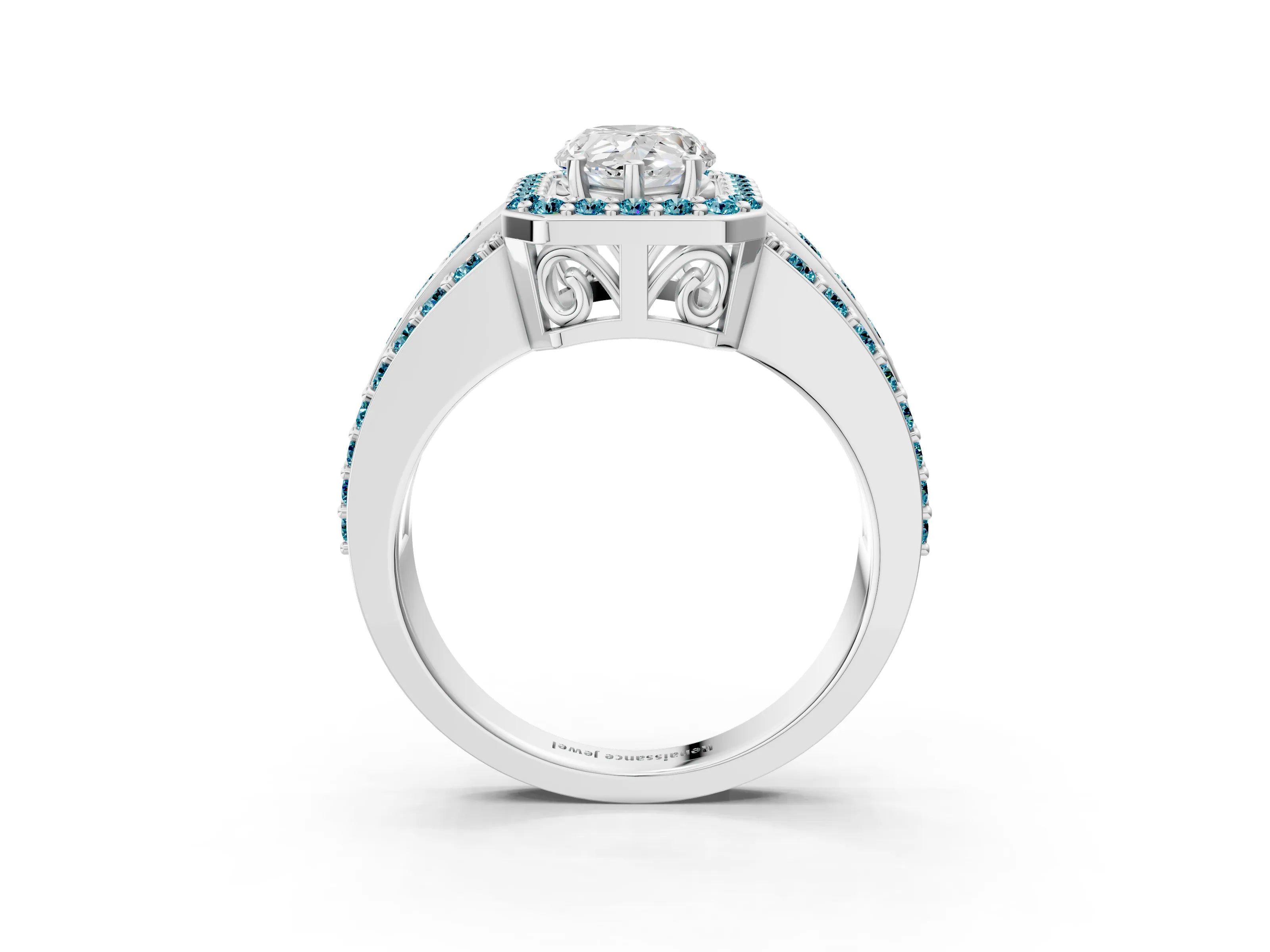 White gold Pear Cut Halo Diamond Ring with Round with Blue Topaz side stone Split Shank and Prong Setting_27