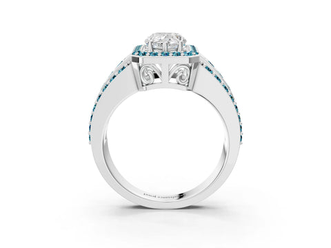 White gold Pear Cut Halo Diamond Ring with Round with Blue Topaz side stone Split Shank and Prong Setting_27