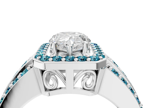 White gold Pear Cut Halo Diamond Ring with Round with Blue Topaz side stone Split Shank and Prong Setting_28