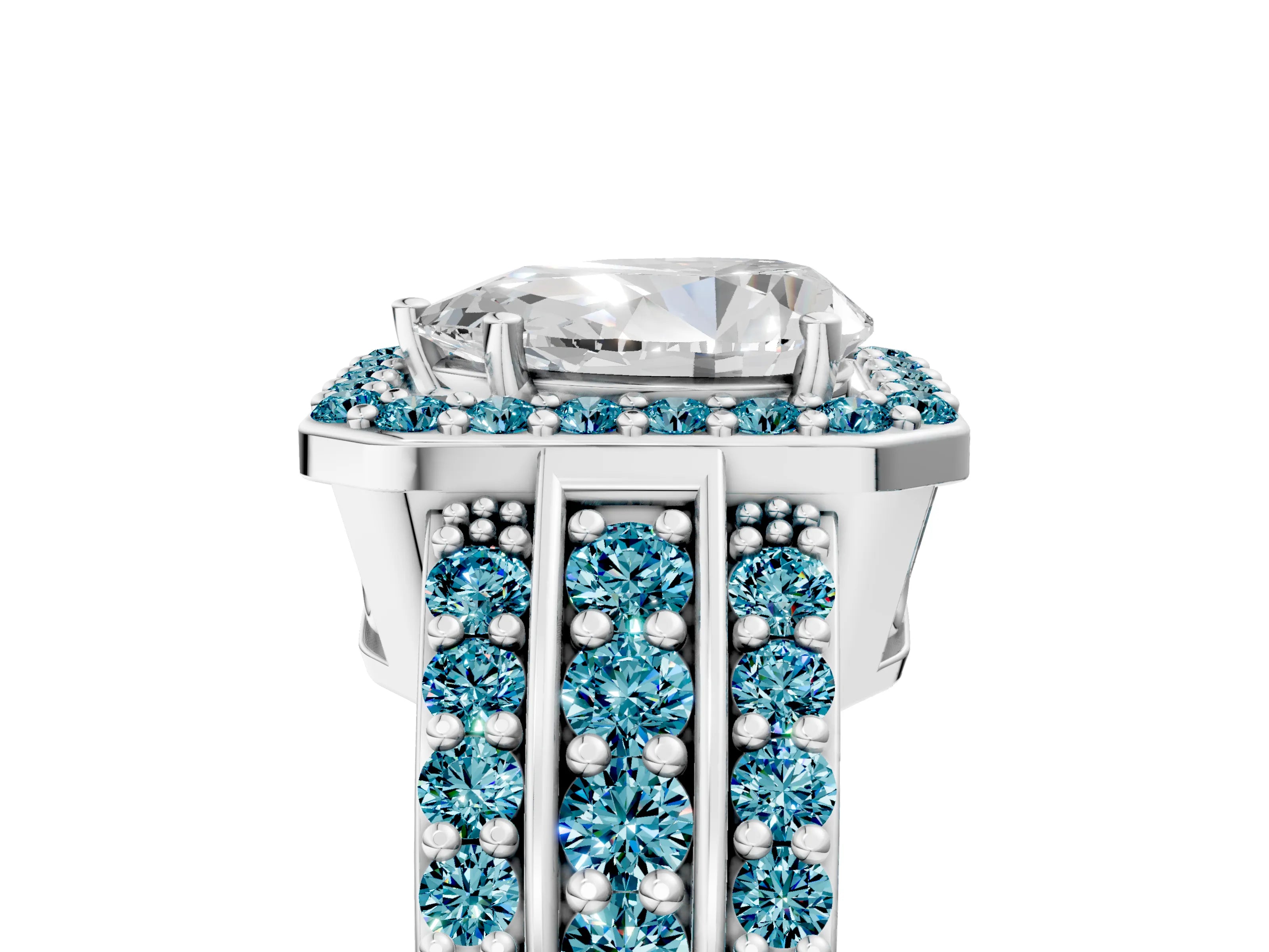 White gold Pear Cut Halo Diamond Ring with Round with Blue Topaz side stone Split Shank and Prong Setting_29