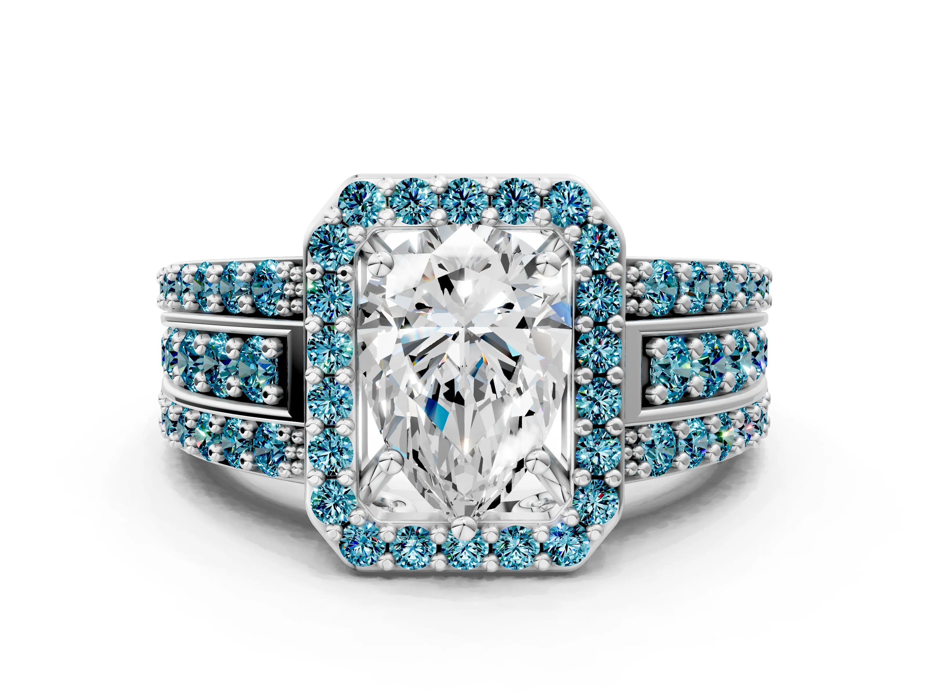 White gold Pear Cut Halo Diamond Ring with Round with Blue Topaz side stone Split Shank and Prong Setting_48