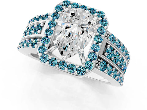 White gold Pear Cut Halo Diamond Ring with Round with Blue Topaz side stone Split Shank and Prong Setting_49
