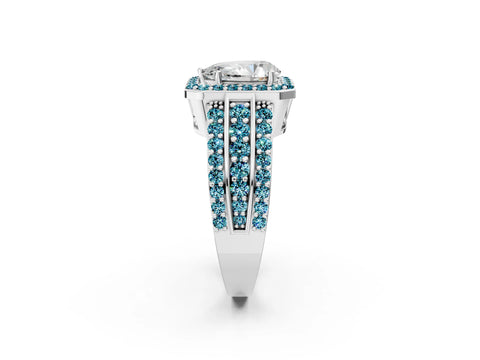 White gold Pear Cut Halo Diamond Ring with Round with Blue Topaz side stone Split Shank and Prong Setting_50