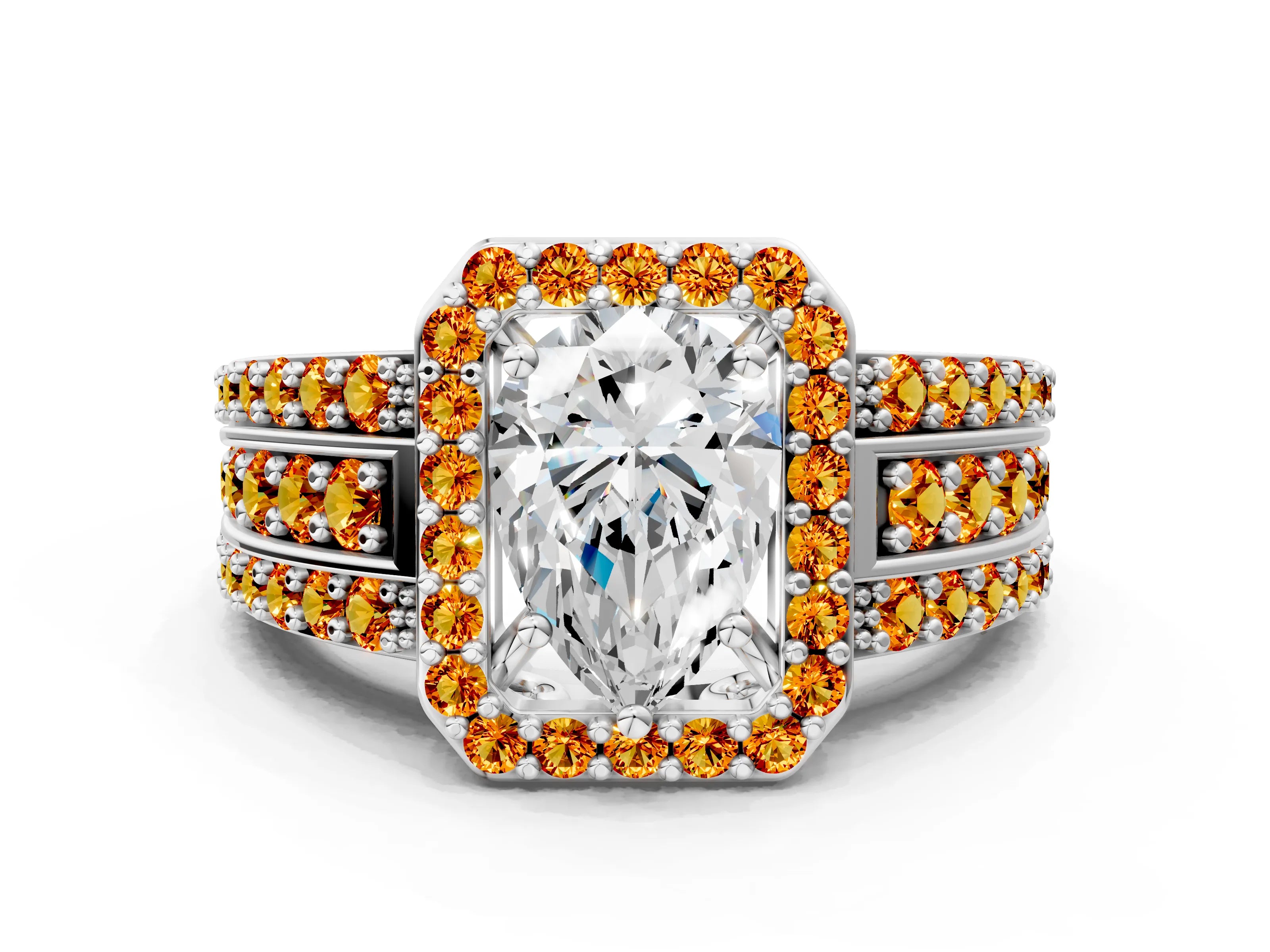 White gold Pear Cut Halo Diamond Ring with Round with Citrine side stone Split Shank and Prong Setting_12