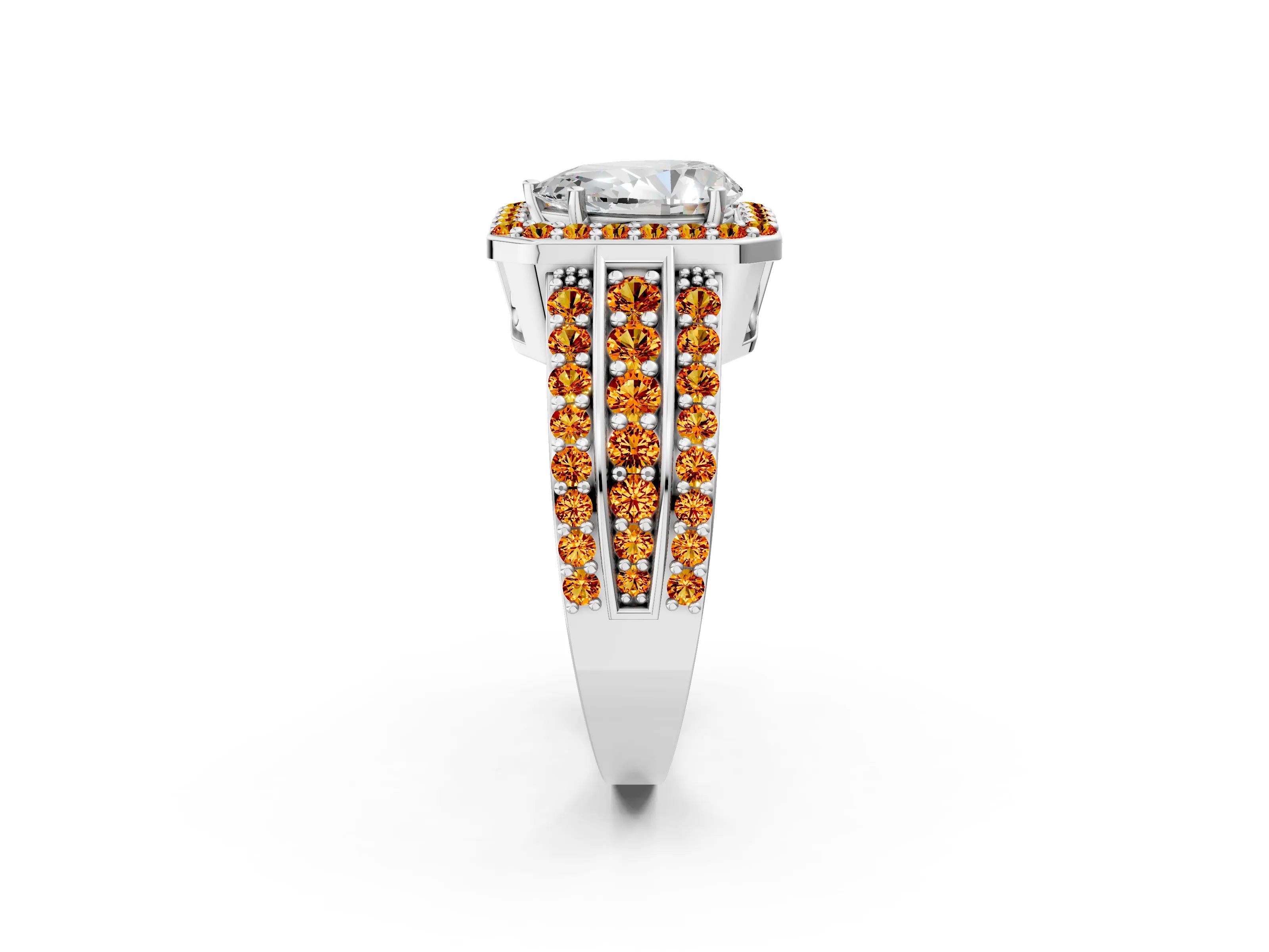 White gold Pear Cut Halo Diamond Ring with Round with Citrine side stone Split Shank and Prong Setting_14