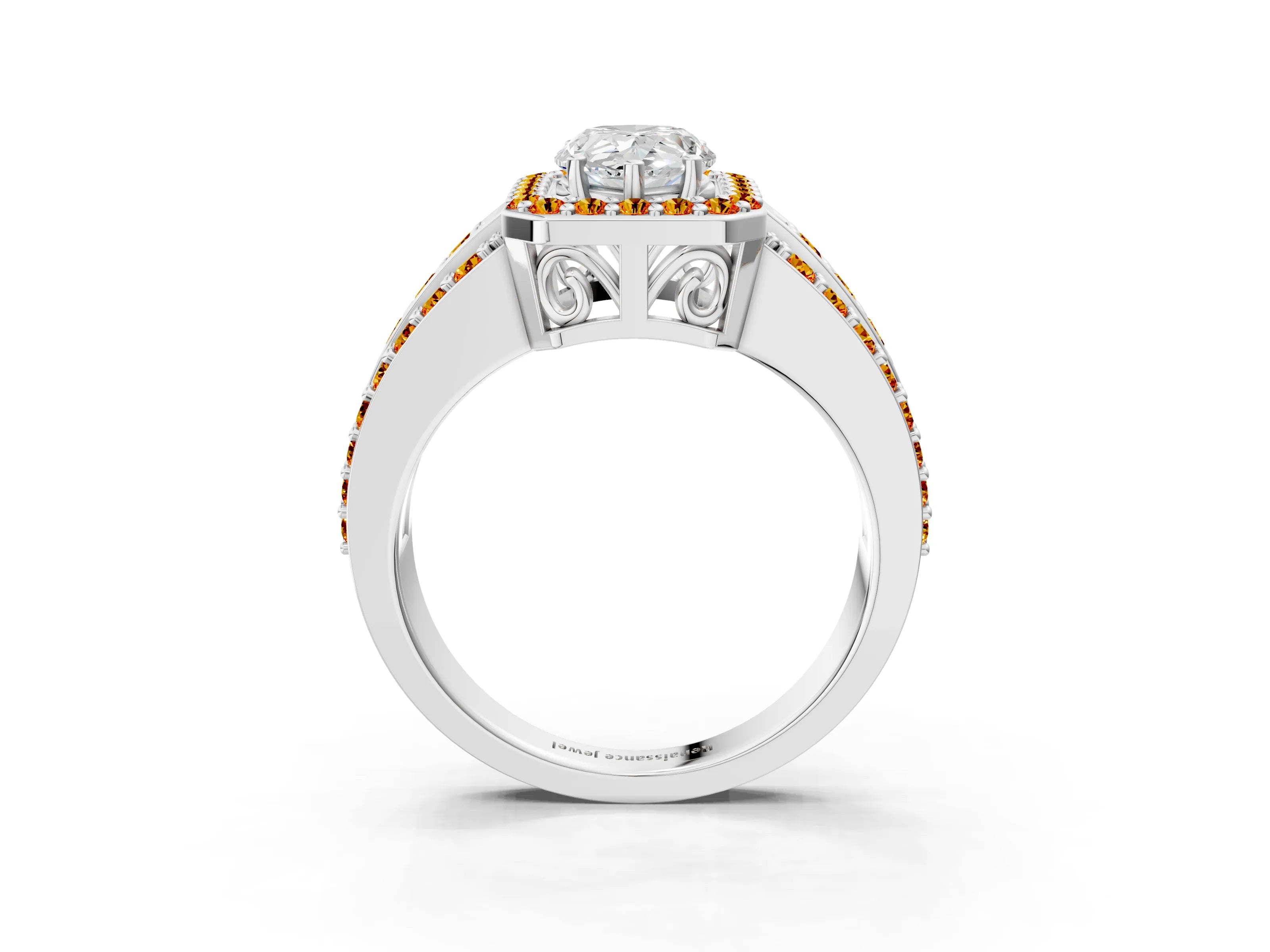 White gold Pear Cut Halo Diamond Ring with Round with Citrine side stone Split Shank and Prong Setting_15