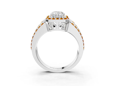 White gold Pear Cut Halo Diamond Ring with Round with Citrine side stone Split Shank and Prong Setting_15