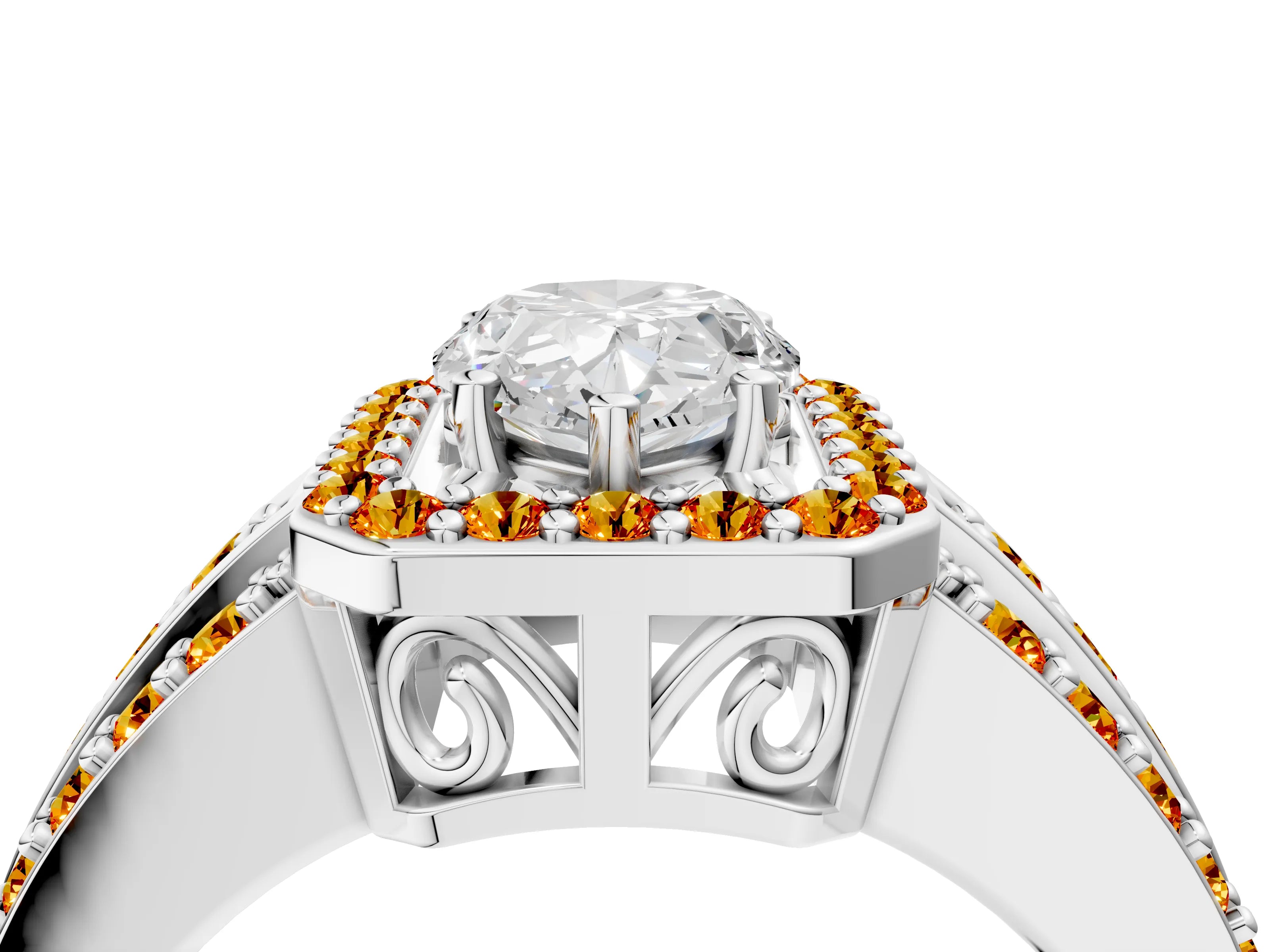 White gold Pear Cut Halo Diamond Ring with Round with Citrine side stone Split Shank and Prong Setting_16
