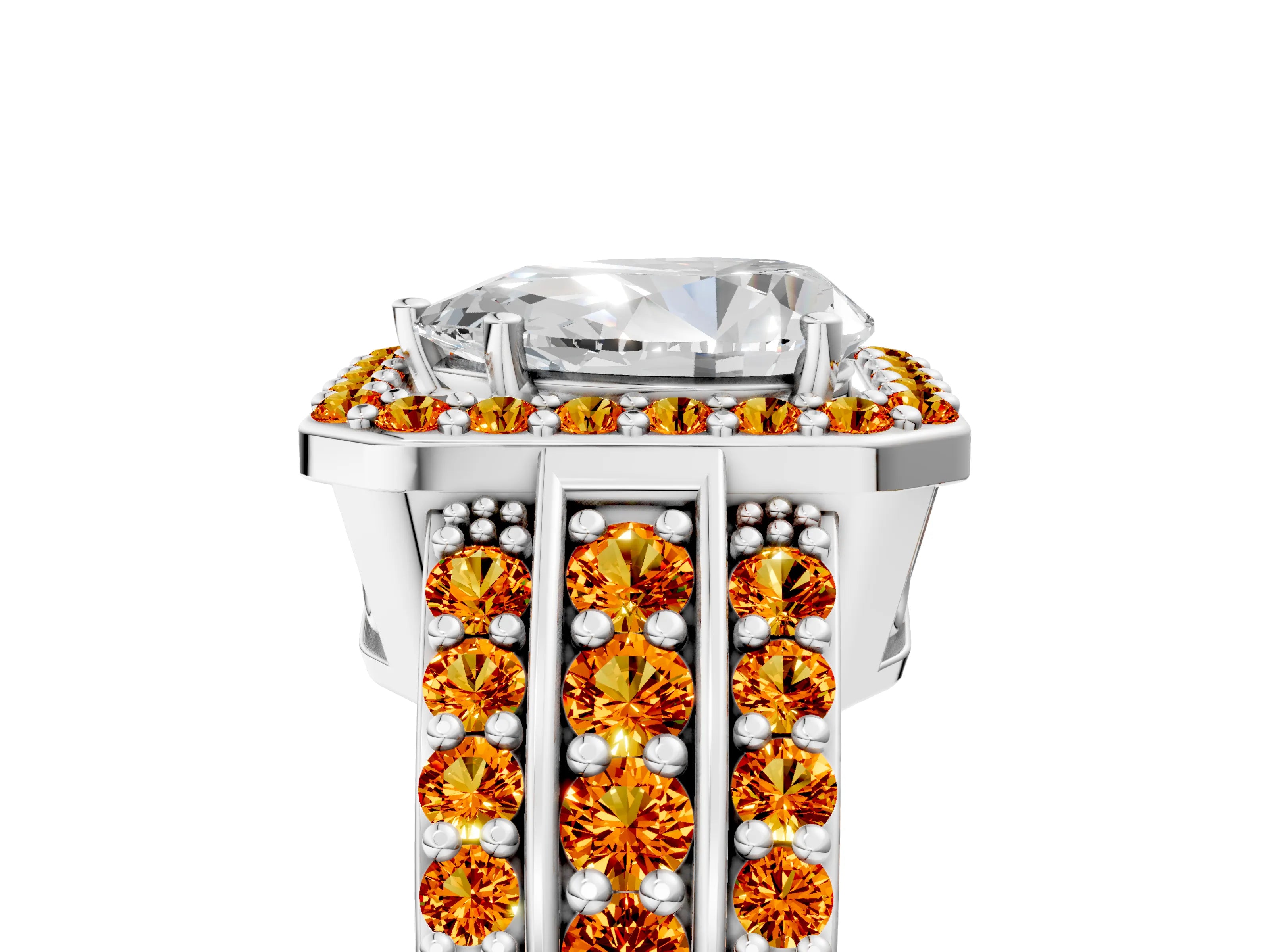 White gold Pear Cut Halo Diamond Ring with Round with Citrine side stone Split Shank and Prong Setting_17