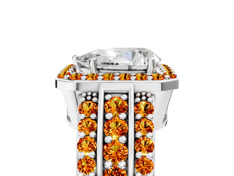 White gold Pear Cut Halo Diamond Ring with Round with Citrine side stone Split Shank and Prong Setting_17